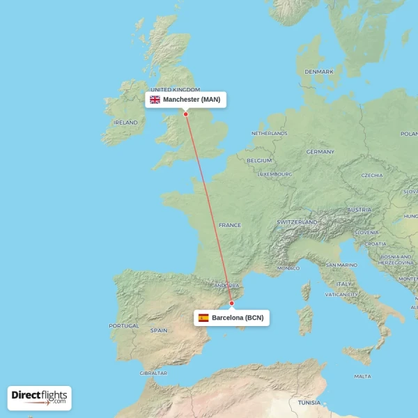 Barcelona - Manchester direct flight map