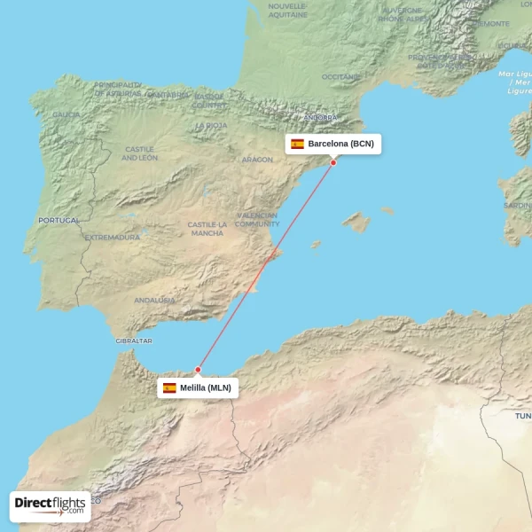 Barcelona - Melilla direct flight map