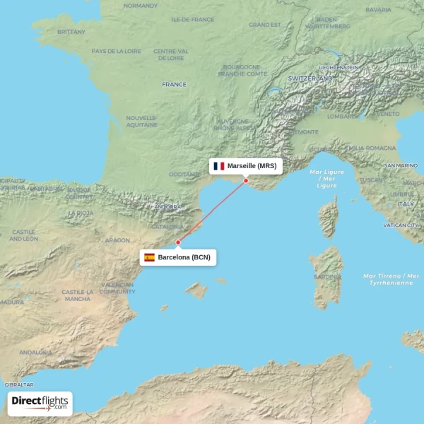 Barcelona - Marseille direct flight map