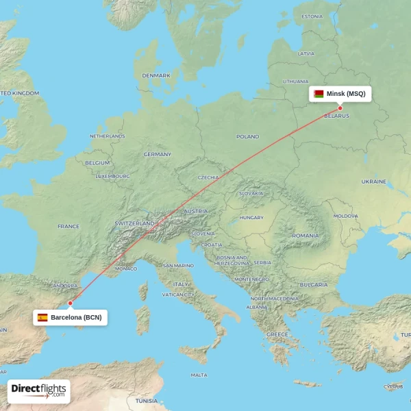Barcelona - Minsk direct flight map
