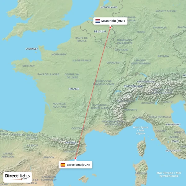 Barcelona - Maastricht direct flight map