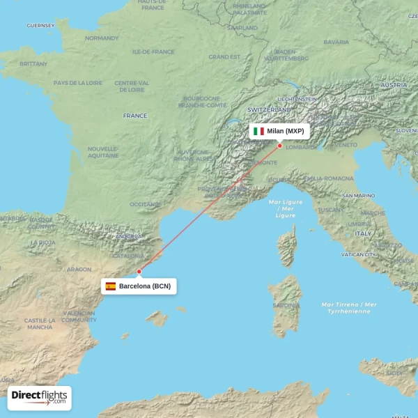 Barcelona - Milan direct flight map