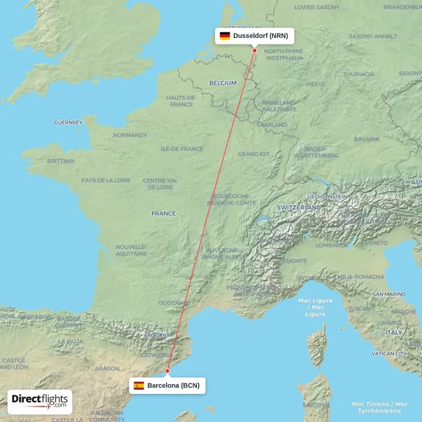 Barcelona - Dusseldorf direct flight map