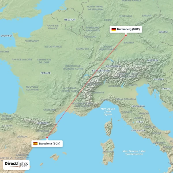 Barcelona - Nuremberg direct flight map