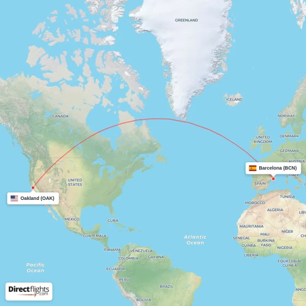 Barcelona - Oakland direct flight map