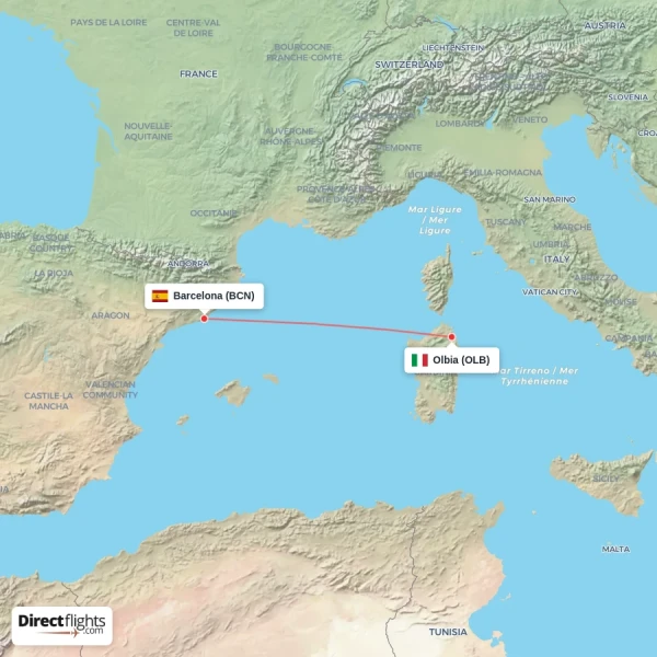 Barcelona - Olbia direct flight map