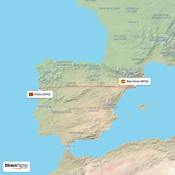 Barcelona - Porto direct flight map