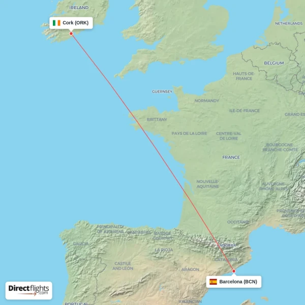 Barcelona - Cork direct flight map