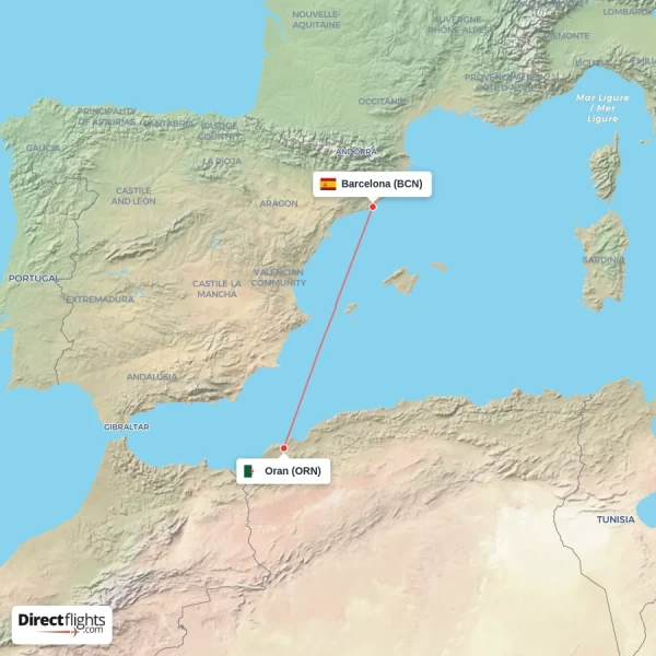 Barcelona - Oran direct flight map