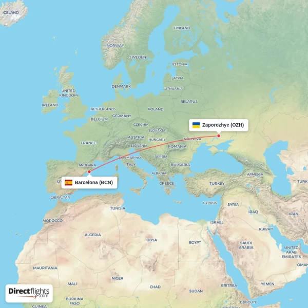 Barcelona - Zaporozhye direct flight map