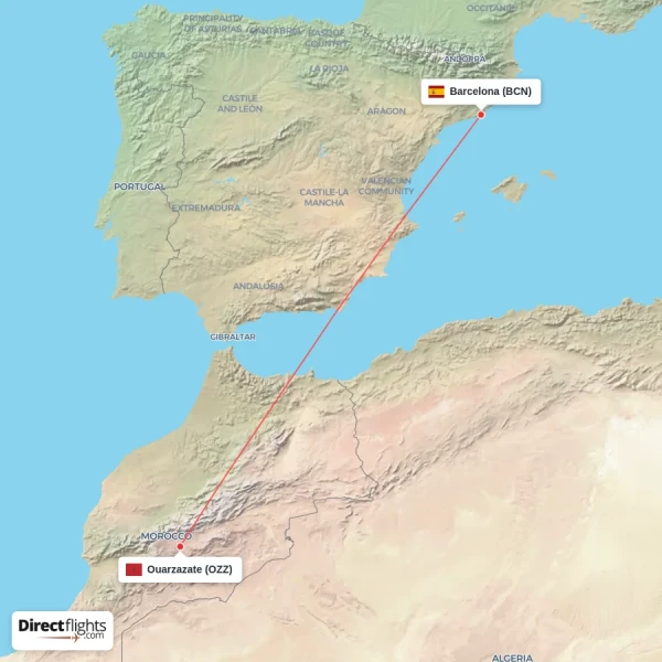 Barcelona - Ouarzazate direct flight map