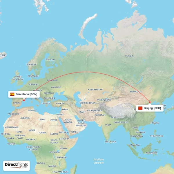 Barcelona - Beijing direct flight map