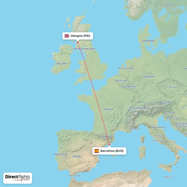 Barcelona - Glasgow direct flight map