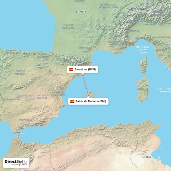 Barcelona - Palma de Mallorca direct flight map