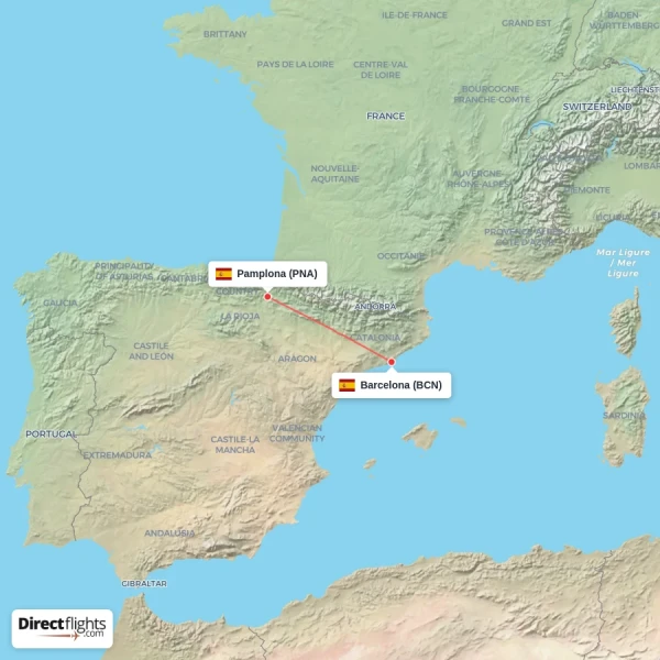 Barcelona - Pamplona direct flight map
