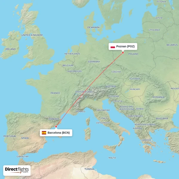Barcelona - Poznan direct flight map