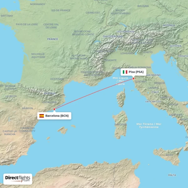 Barcelona - Pisa direct flight map