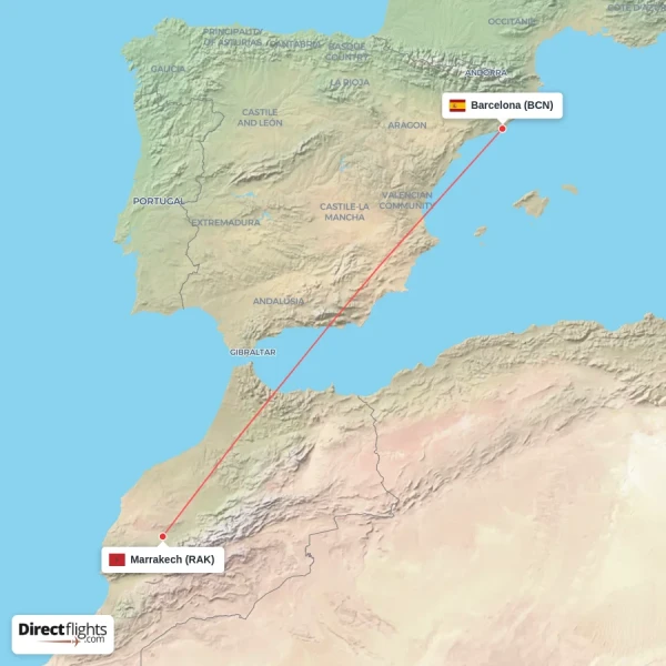 Barcelona - Marrakech direct flight map