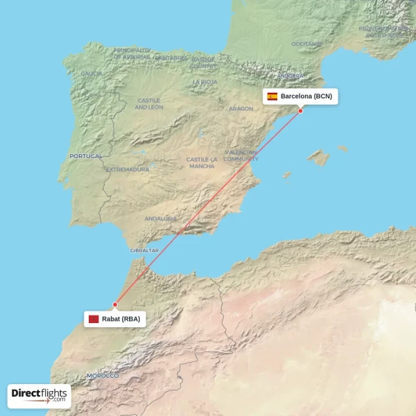 Barcelona - Rabat direct flight map