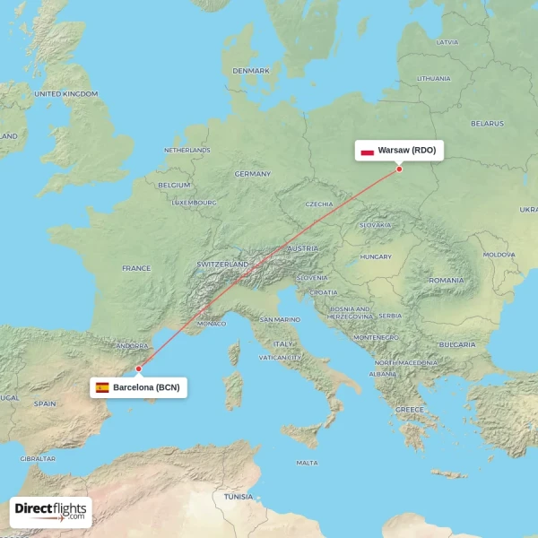 Barcelona - Warsaw direct flight map