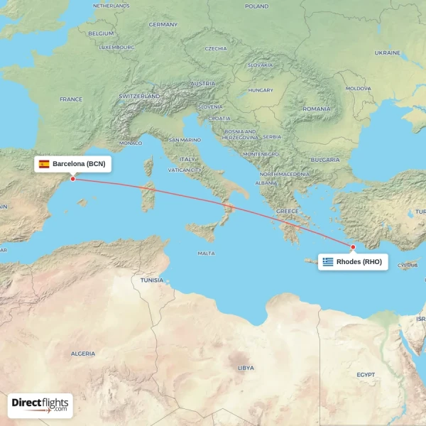 Barcelona - Rhodes direct flight map