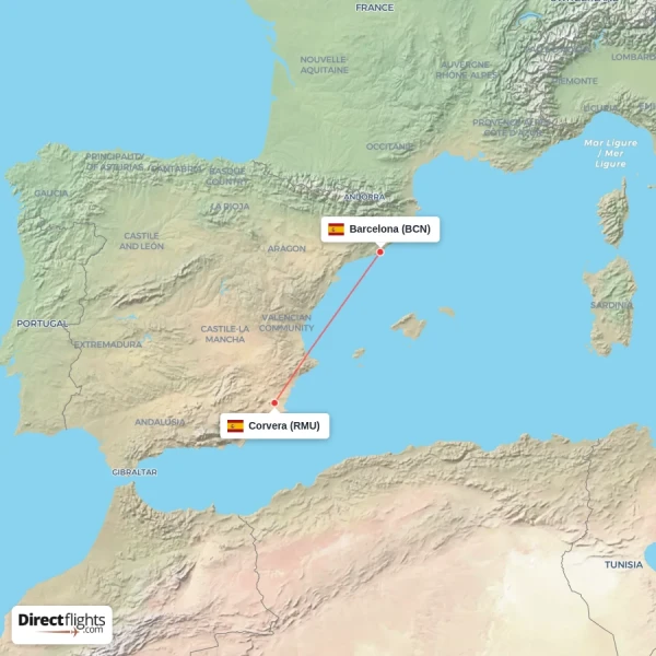 Barcelona - Corvera direct flight map