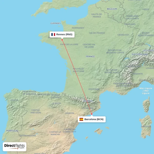 Barcelona - Rennes direct flight map