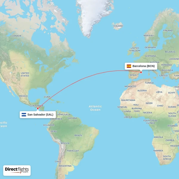 Barcelona - San Salvador direct flight map