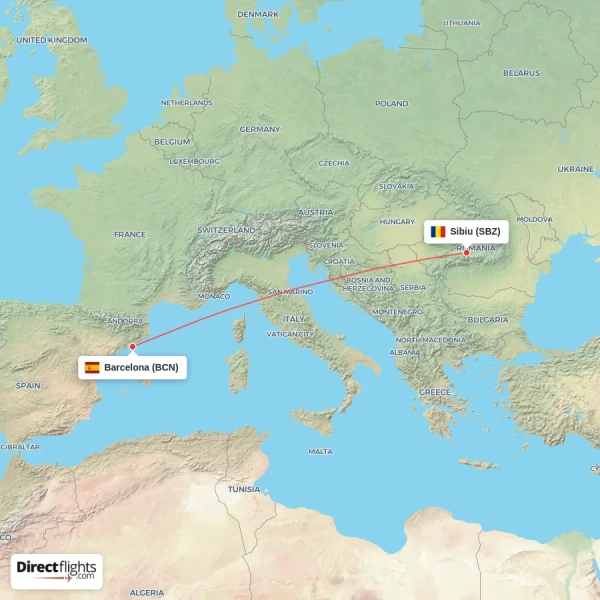 Barcelona - Sibiu direct flight map