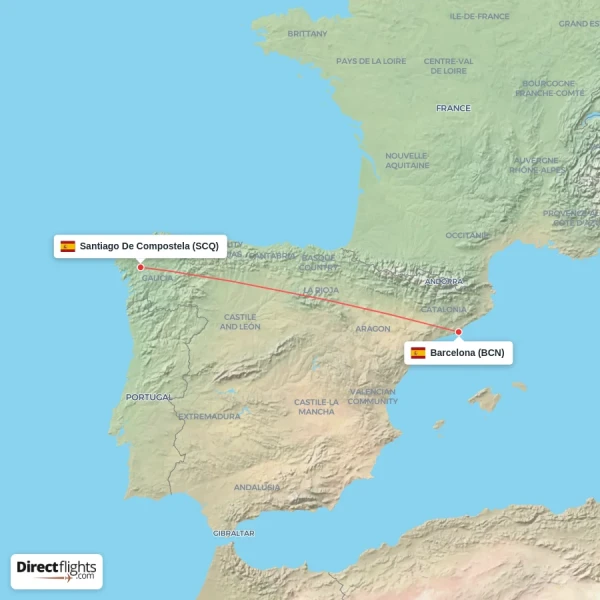 Barcelona - Santiago De Compostela direct flight map