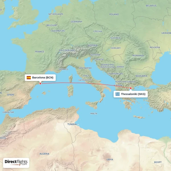 Barcelona - Thessaloniki direct flight map