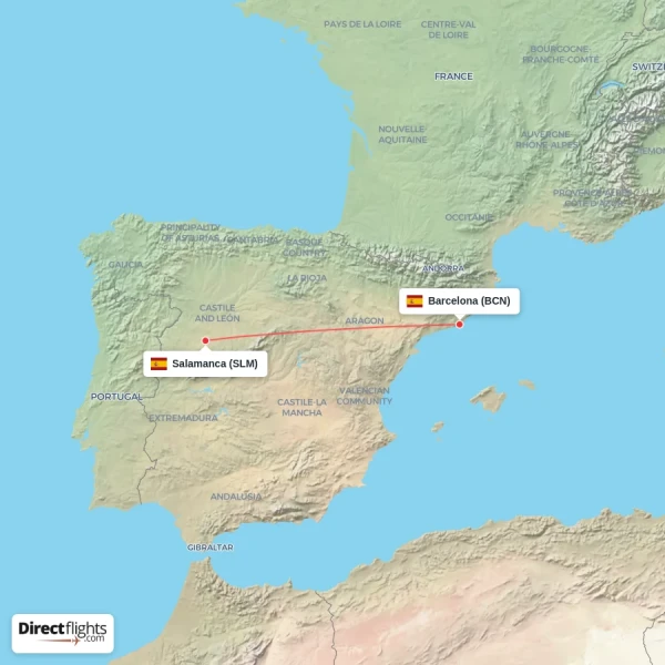 Barcelona - Salamanca direct flight map