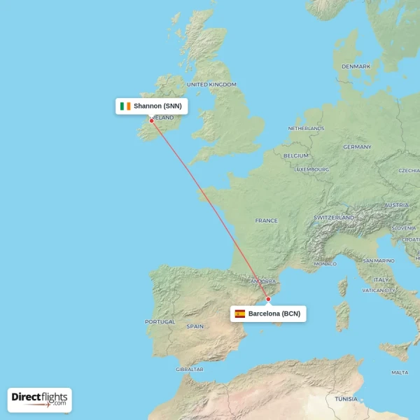 Barcelona - Shannon direct flight map