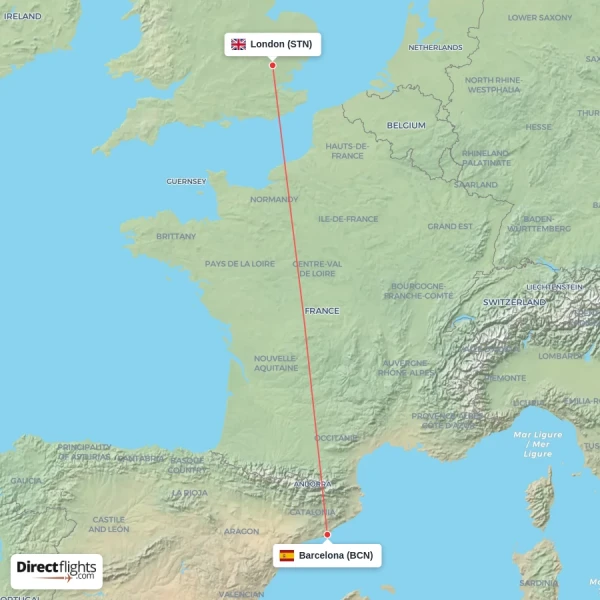 Barcelona - London direct flight map