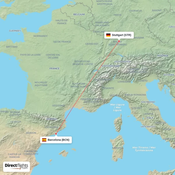 Barcelona - Stuttgart direct flight map