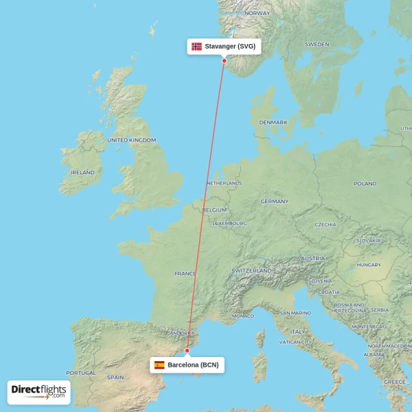 Barcelona - Stavanger direct flight map