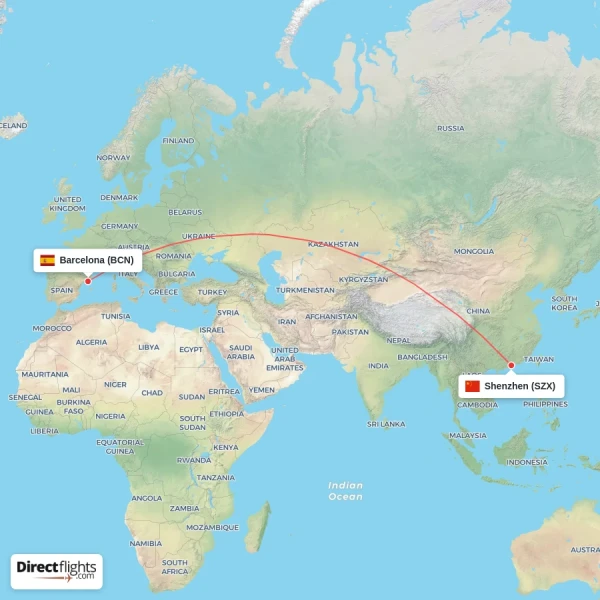 Barcelona - Shenzhen direct flight map