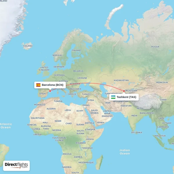 Barcelona - Tashkent direct flight map