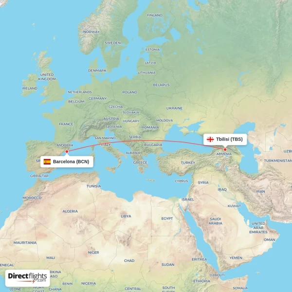 Barcelona - Tbilisi direct flight map