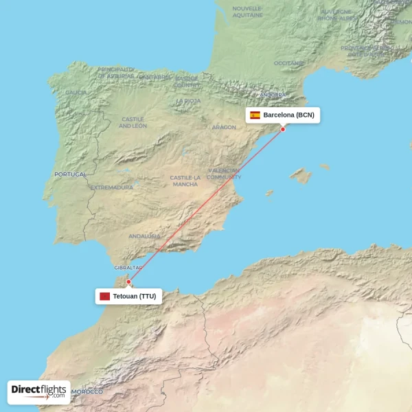 Barcelona - Tetouan direct flight map