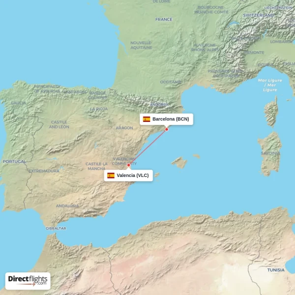 Barcelona - Valencia direct flight map