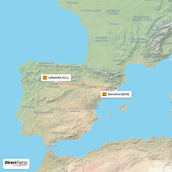 Barcelona - Valladolid direct flight map