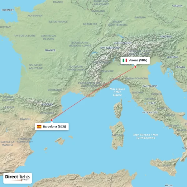 Barcelona - Verona direct flight map