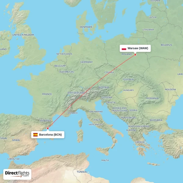 Barcelona - Warsaw direct flight map