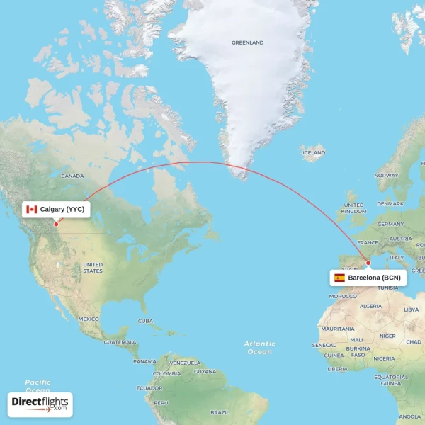 Barcelona - Calgary direct flight map