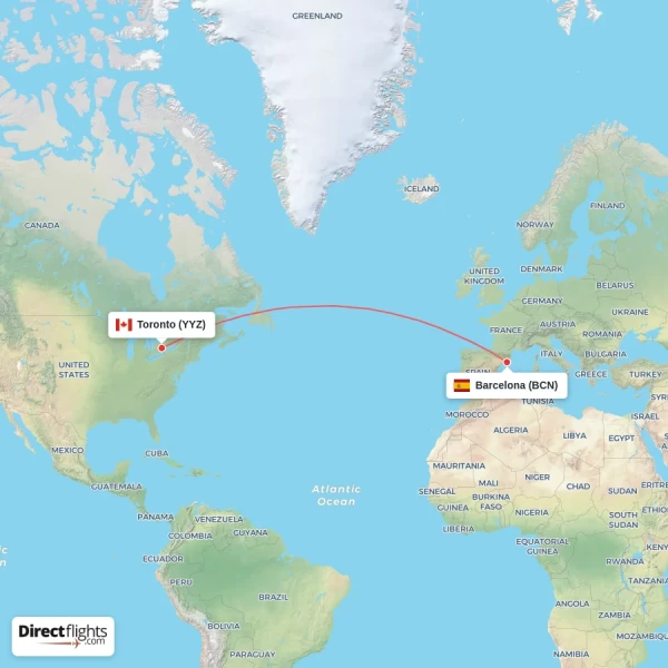 Barcelona - Toronto direct flight map