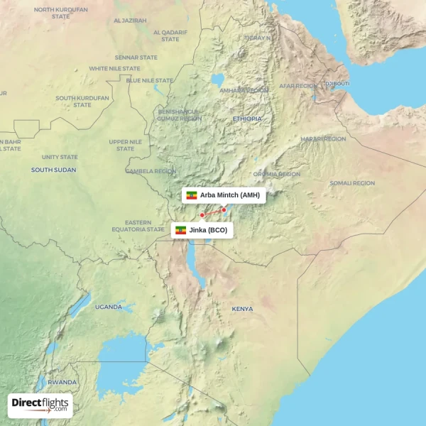 Jinka - Arba Mintch direct flight map