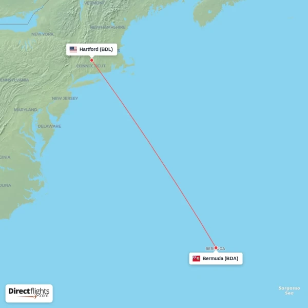 Bermuda - Hartford direct flight map