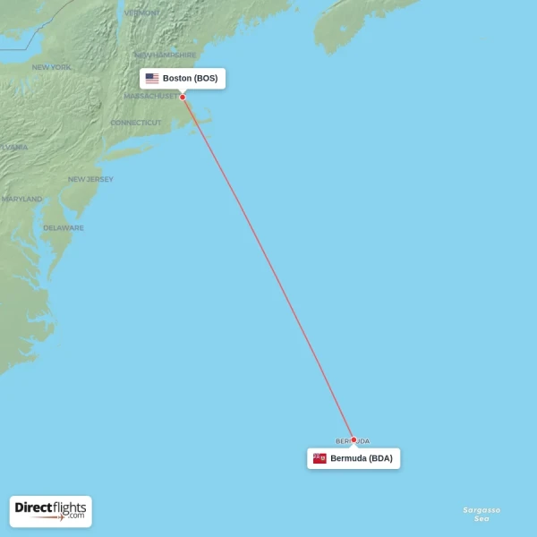 Bermuda - Boston direct flight map