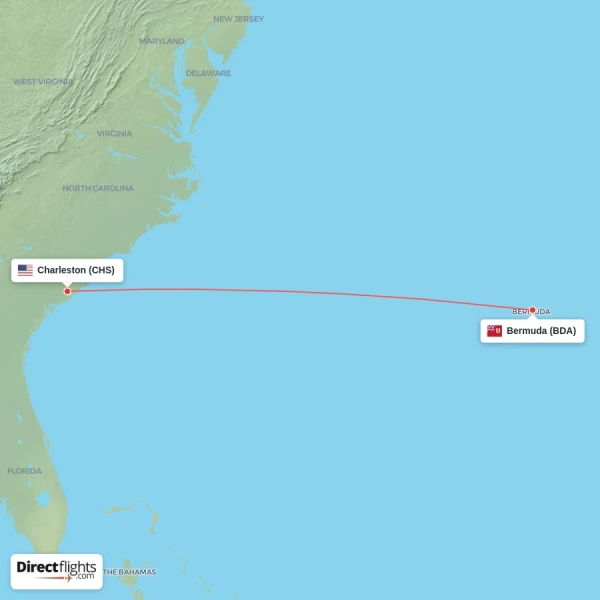 Bermuda - Charleston direct flight map
